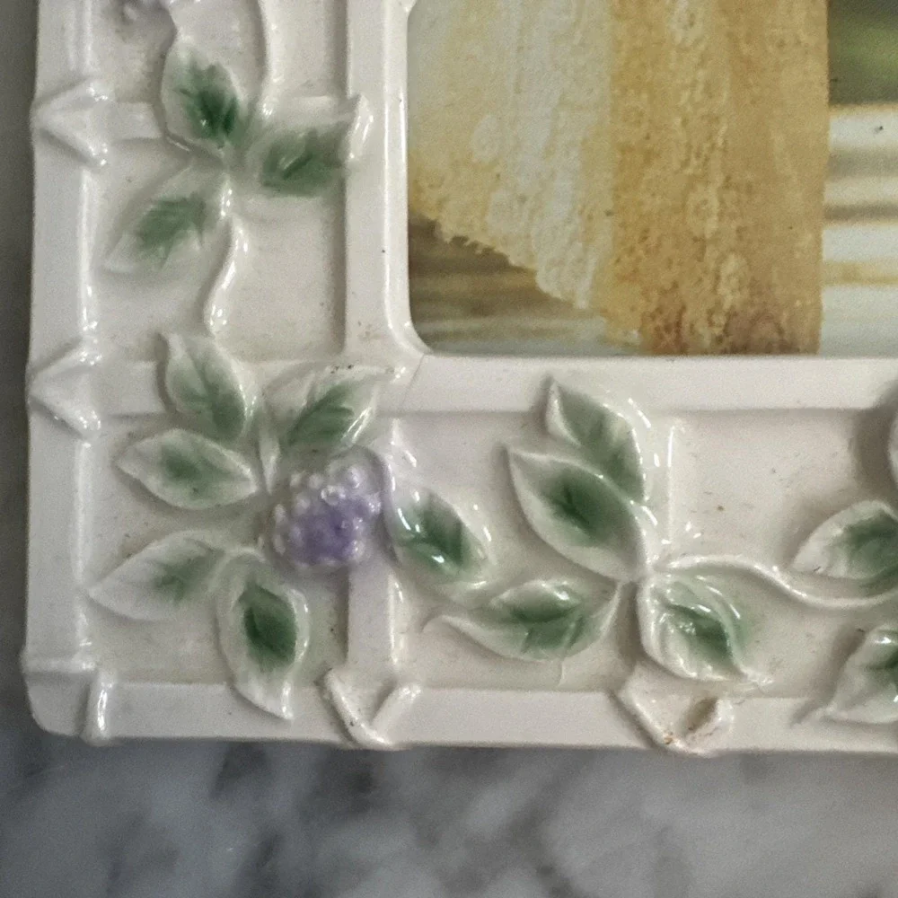 Fetco Ceramic Floral Painted Picture Frame‎ Vines Garden Purple Flowers 4.5 X3